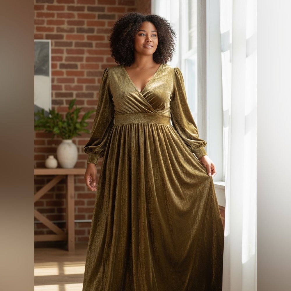 NWT XPLUSWEAR 3X Elegant Gold Long-Sleeve V-Neck Maxi Dress